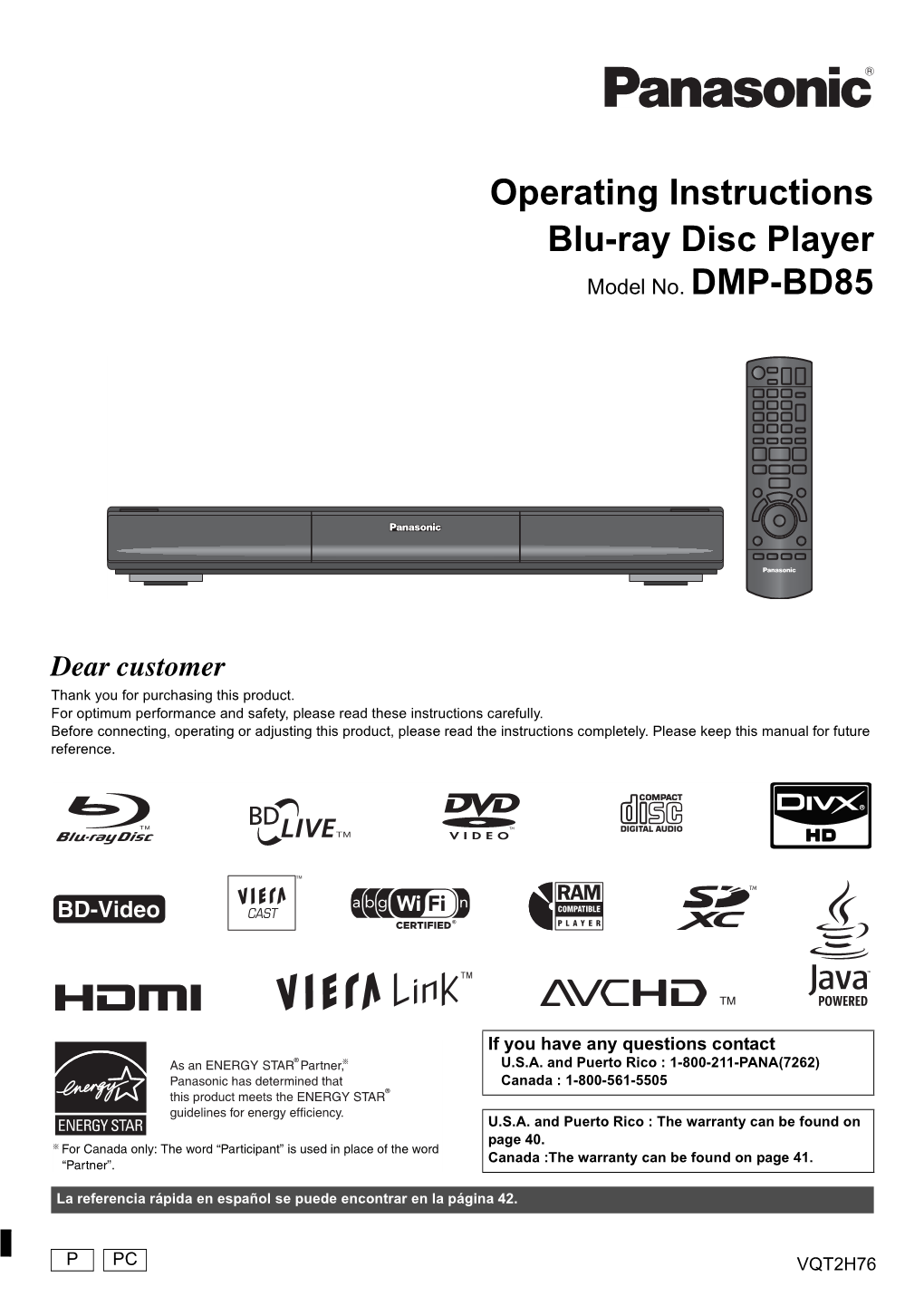 Operating Instructions Blu-Ray Disc Player Model No