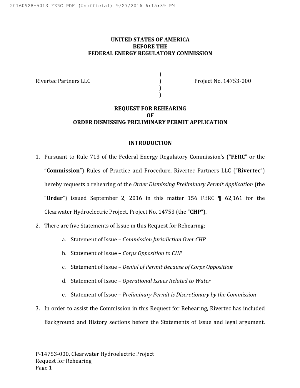 P-14753-000, Clearwater Hydroelectric Project Request for Rehearing Page 1 20160928-5013 FERC PDF (Unofficial) 9/27/2016 6:15:39 PM