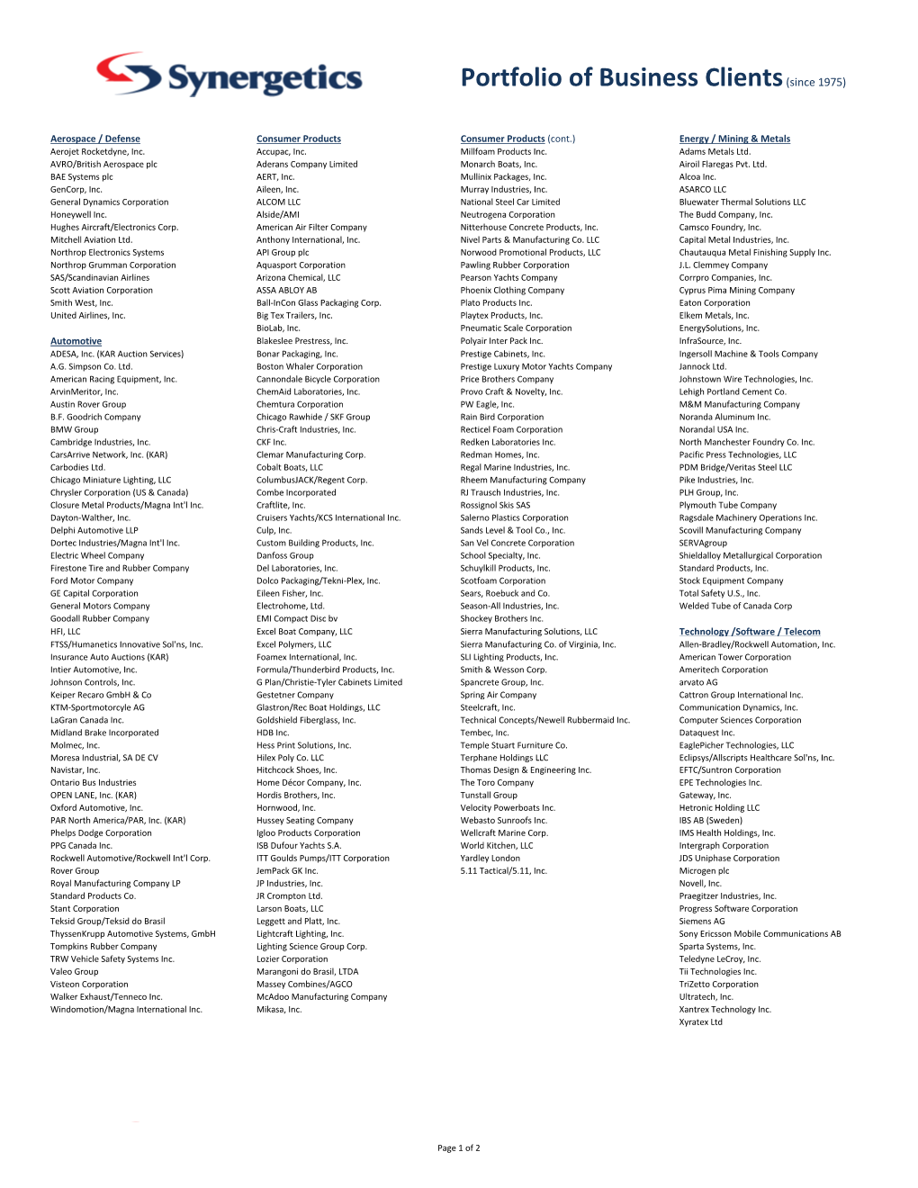 Portfolio of Business Clients(Since 1975)