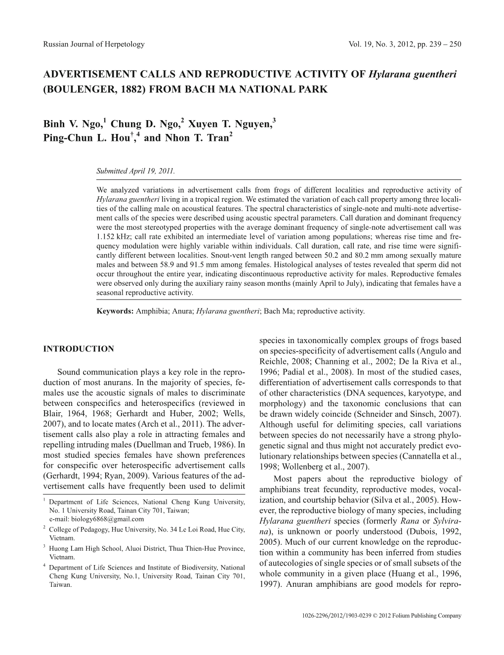 ADVERTISEMENT CALLS and REPRODUCTIVE ACTIVITY of Hylarana Guentheri (BOULENGER, 1882) from BACH MA NATIONAL PARK