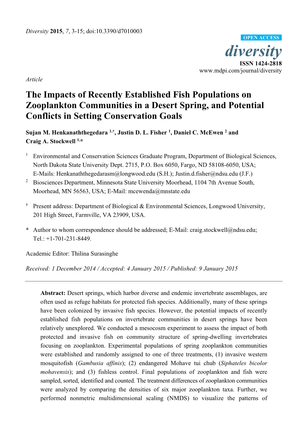 The Impacts of Recently Established Fish Populations on Zooplankton Communities in a Desert Spring, and Potential Conflicts in Setting Conservation Goals