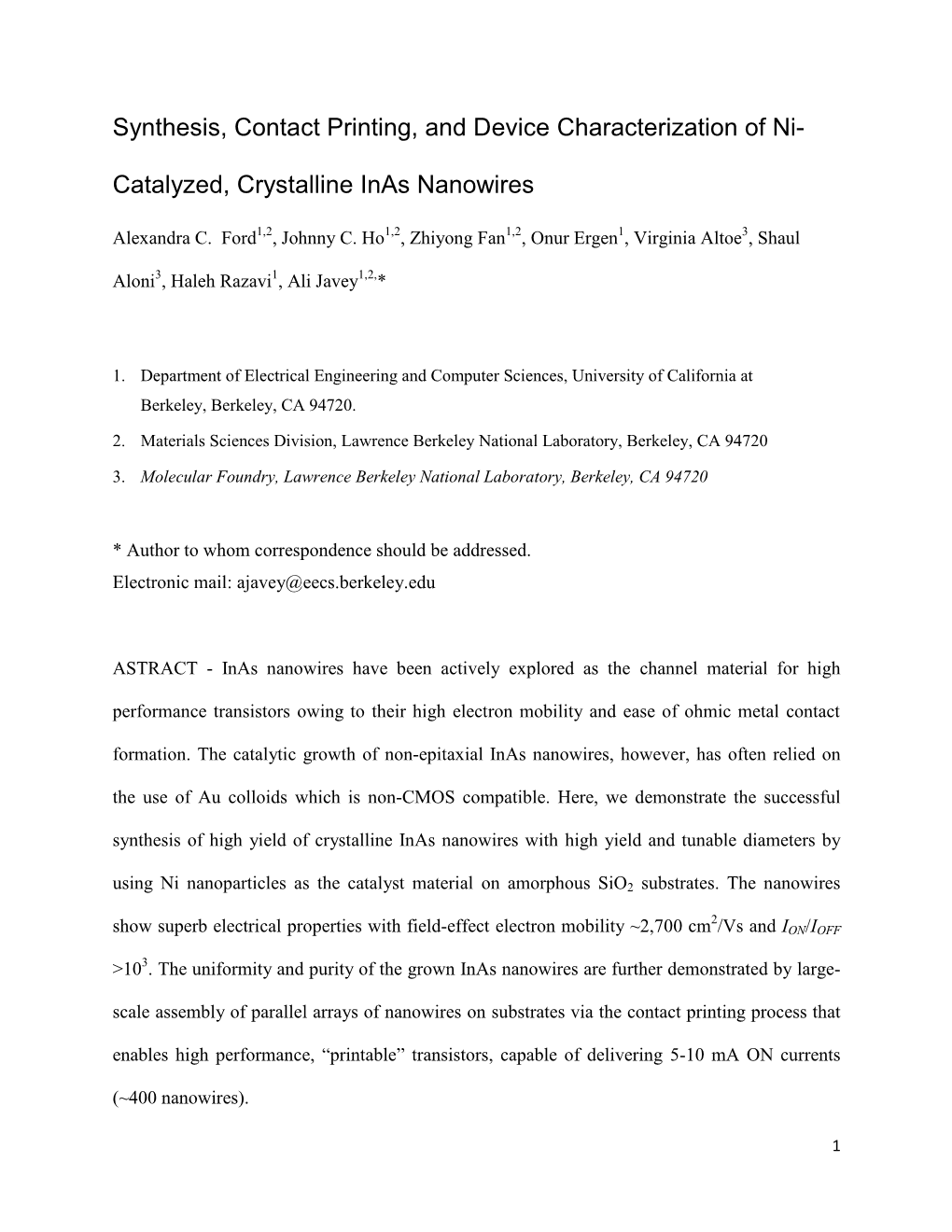 Synthesis, Contact Printing, and Device Characterization of Ni-Catalyzed, Crystalline Inas Nanowires