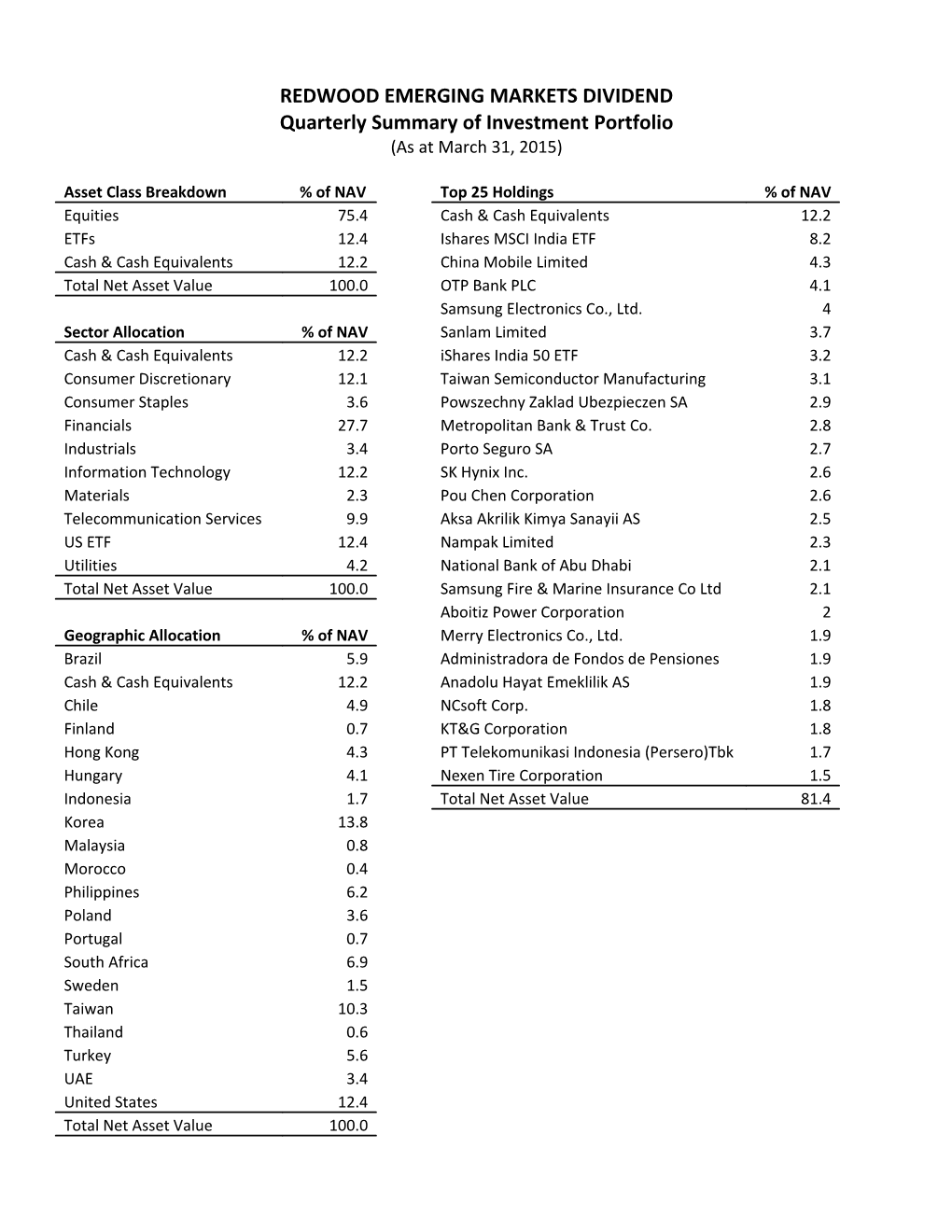 Summary of Investment Portfolio (Diversified Equity Fund)