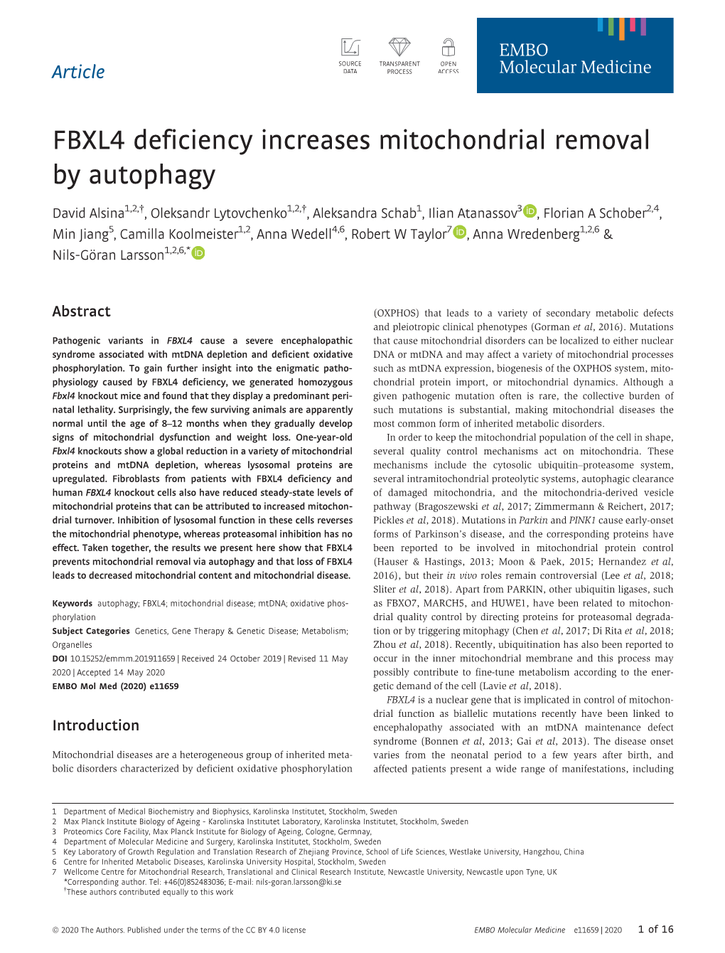 FBXL4 Deficiency Increases Mitochondrial Removal by Autophagy