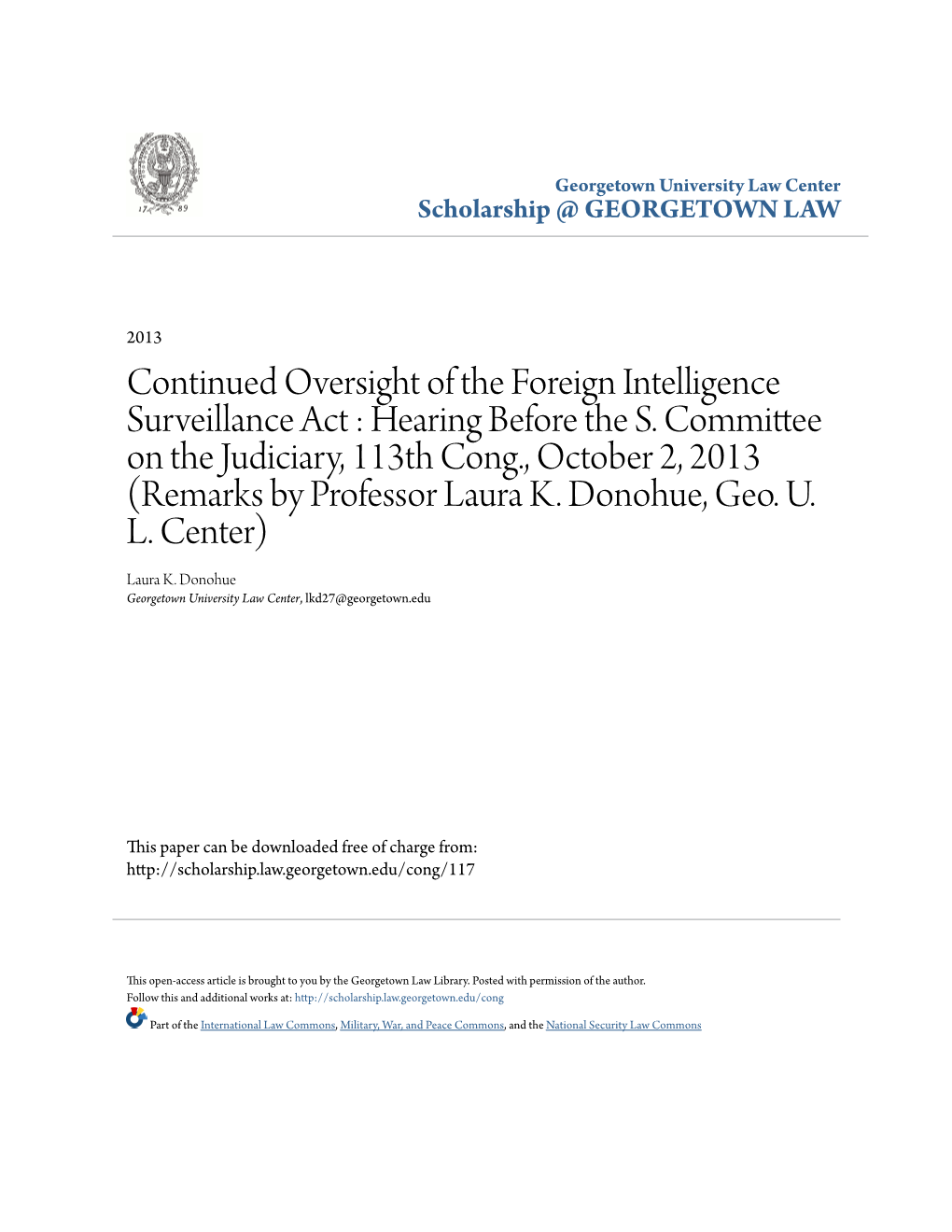 Continued Oversight of the Foreign Intelligence Surveillance Act : Hearing Before the S