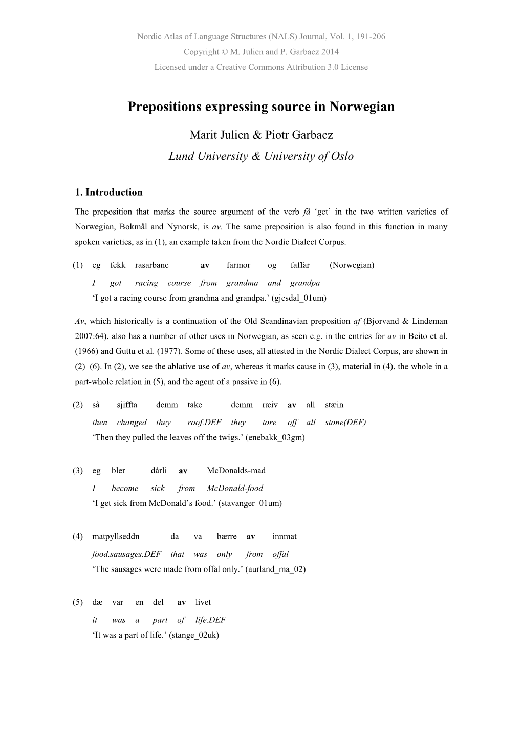 Prepositions Expressing Source in Norwegian