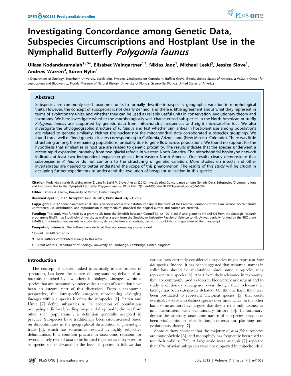 Investigating Concordance Among Genetic Data, Subspecies Circumscriptions and Hostplant Use in the Nymphalid Butterfly Polygonia Faunus