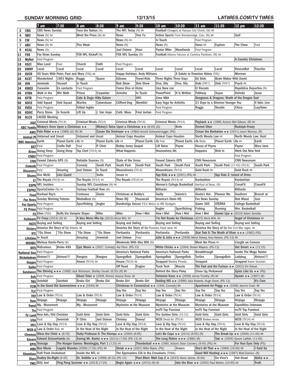 Sunday Morning Grid 12/13/15 Latimes.Com/Tv Times