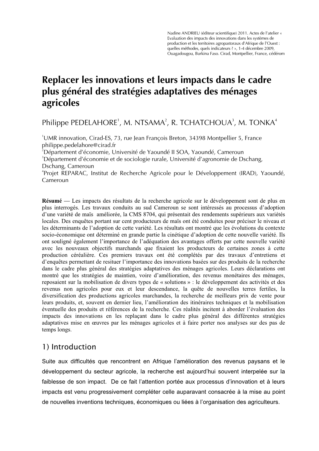 Replacer Les Innovations Et Leurs Impacts Dans Le Cadre Plus Général Des Stratégies Adaptatives Des Ménages Agricoles