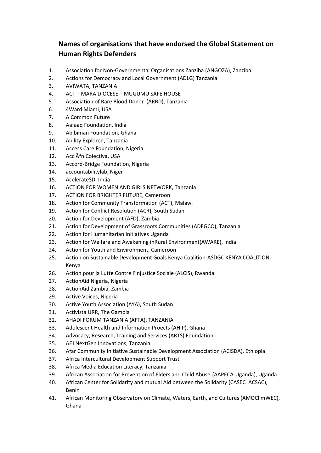 Names of Organisations That Have Endorsed the Global Statement on Human Rights Defenders