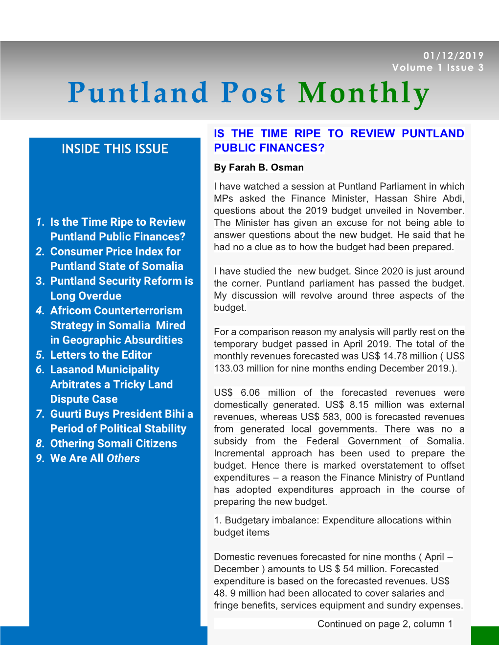 2019 Puntland Post Monthly