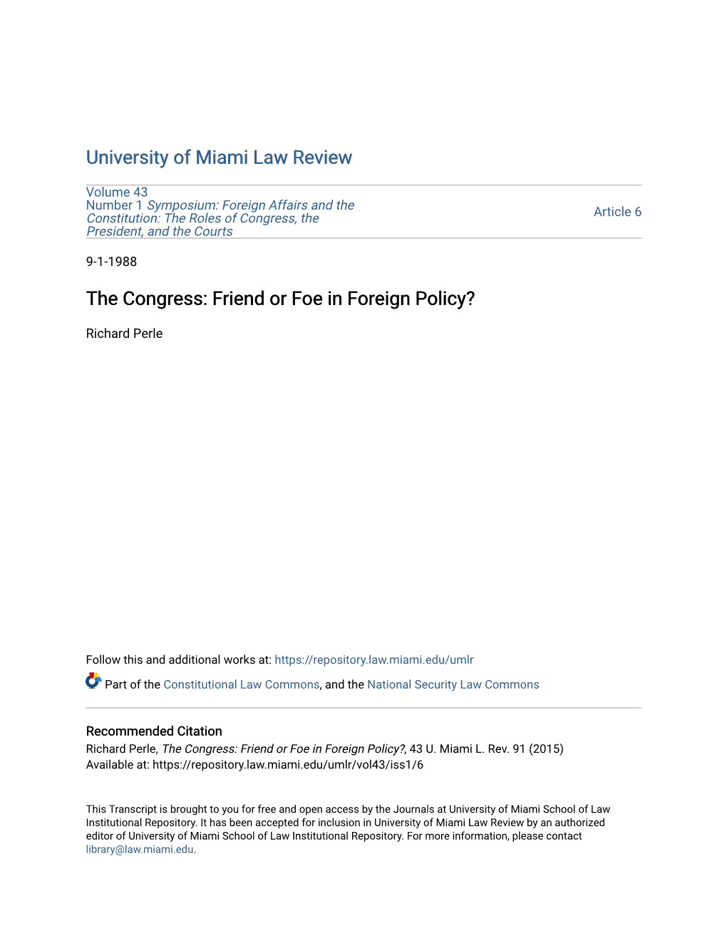 The Congress: Friend Or Foe in Foreign Policy?