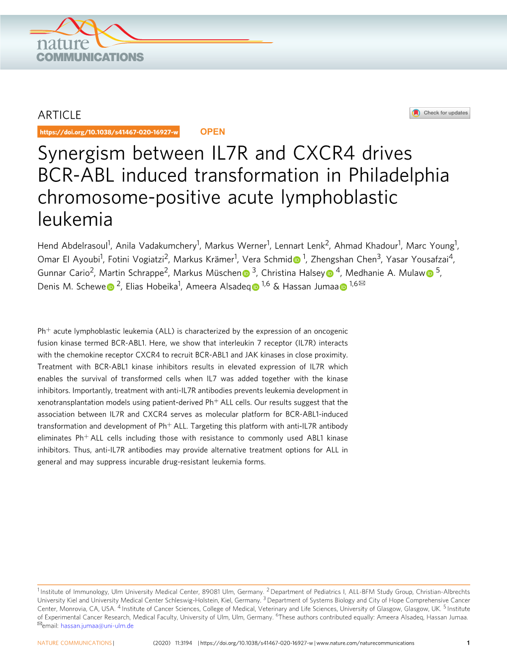 Synergism Between IL7R and CXCR4 Drives BCR-ABL Induced Transformation in Philadelphia Chromosome-Positive Acute Lymphoblastic Leukemia