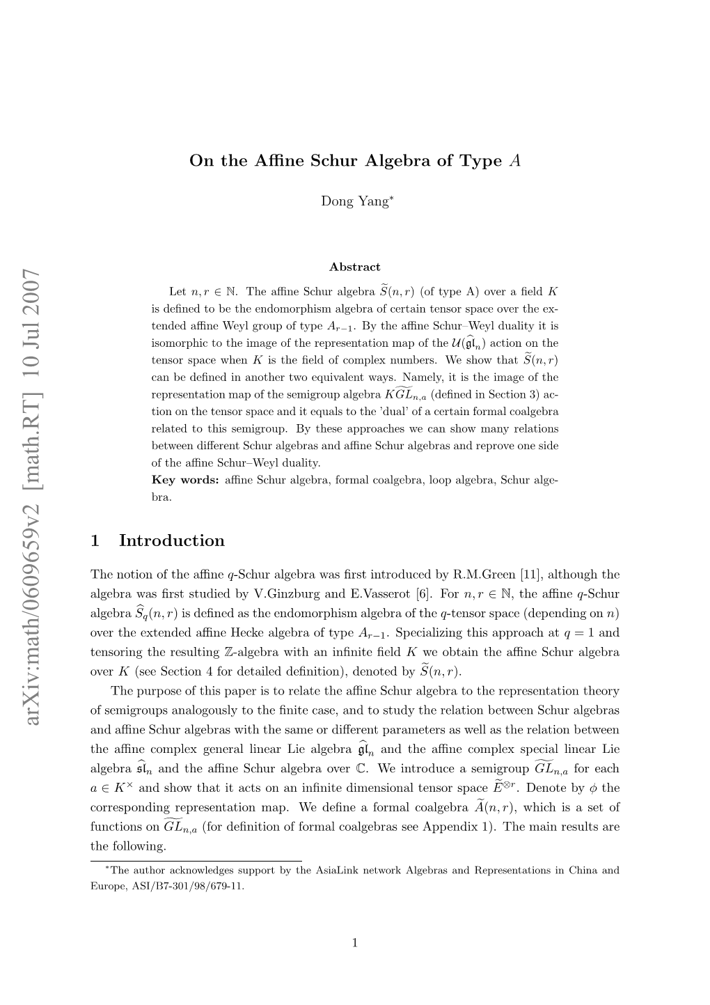 Arxiv:Math/0609659V2 [Math.RT] 10 Jul 2007 H Oino H Aﬃne the of Notion the Introduction 1 Ler a Rtsuidb .Izugadevseo 6.F [6]