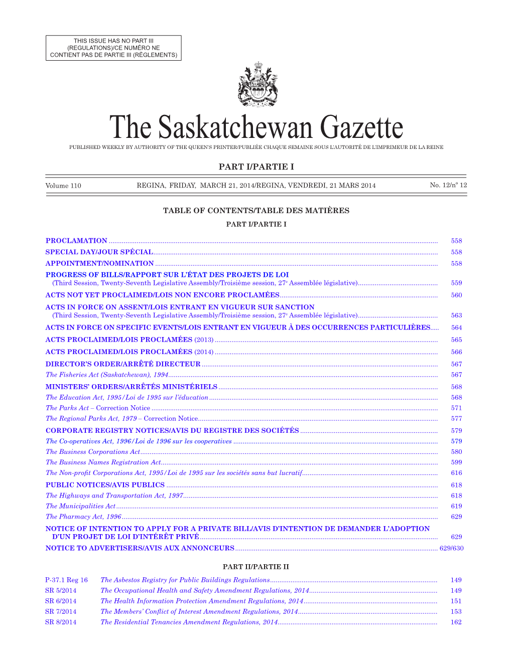 The Saskatchewan Gazette, March 21, 2014 557