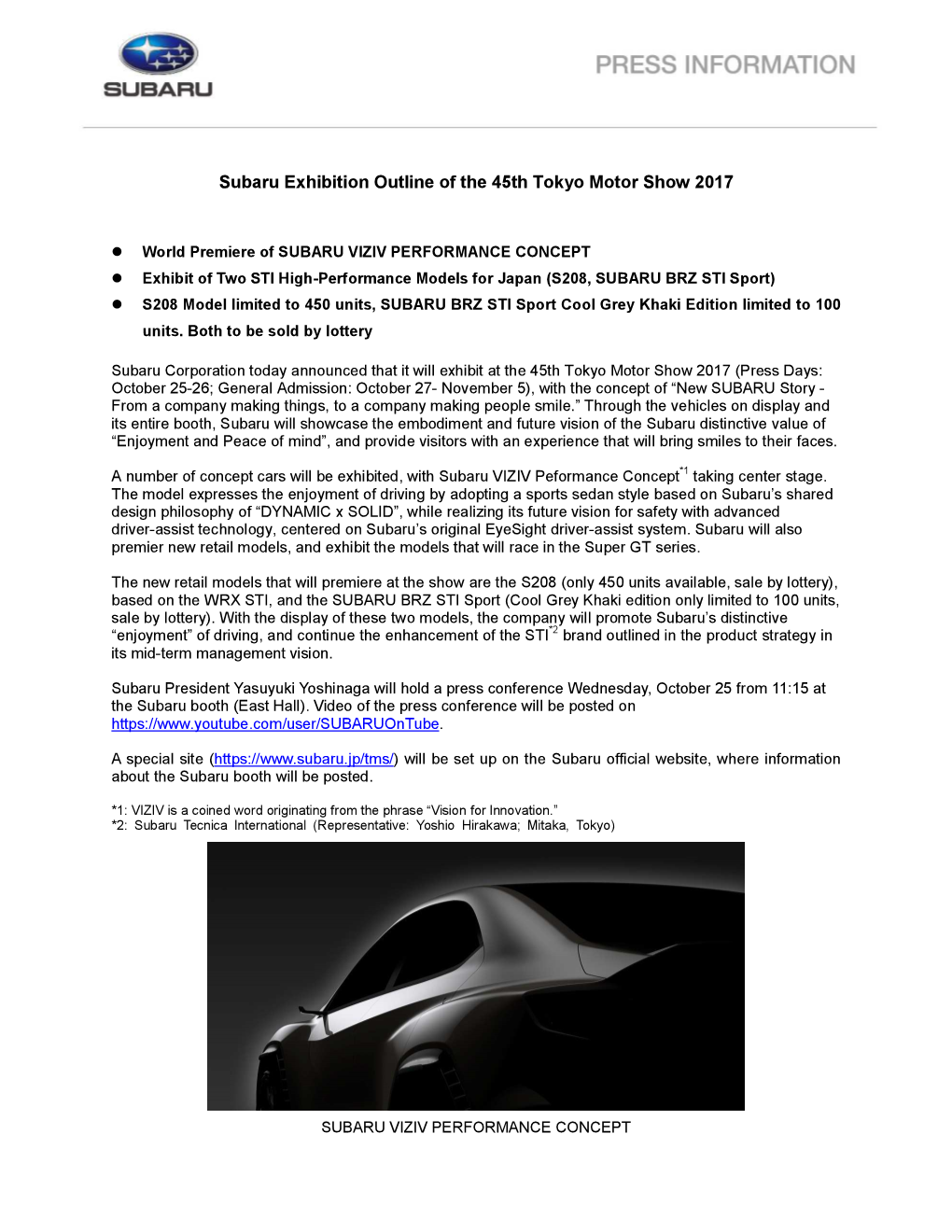 Subaru Exhibition Outline of the 45Th Tokyo Motor Show 2017