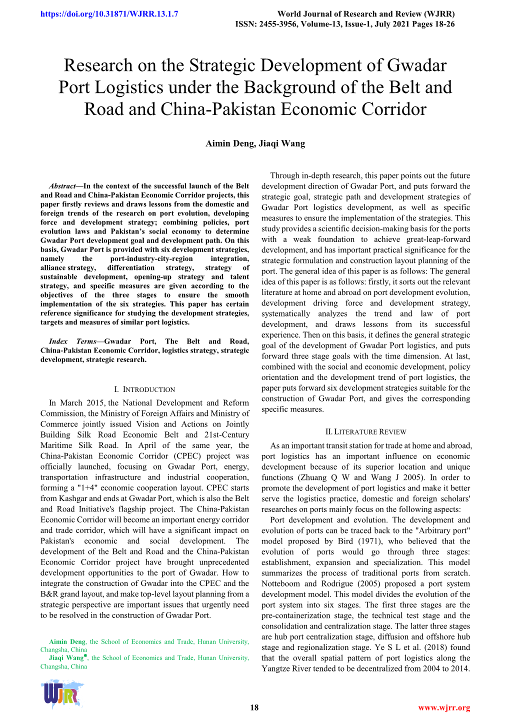 Research on the Strategic Development of Gwadar Port Logistics Under the Background of the Belt and Road and China-Pakistan Economic Corridor