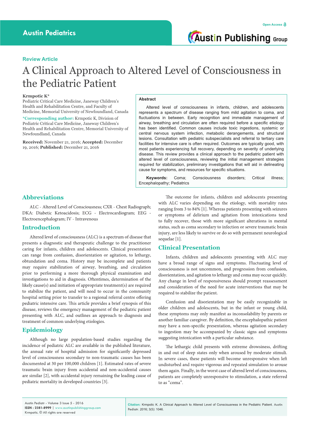 A Clinical Approach to Altered Level of Consciousness in the Pediatric Patient