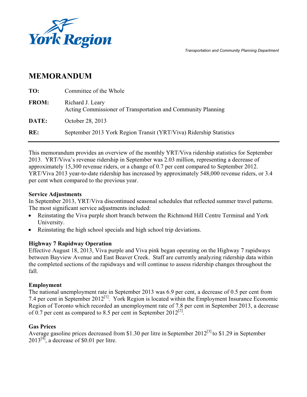 R. Leary Re. September 2013 York Region Transit (YRT/Viva