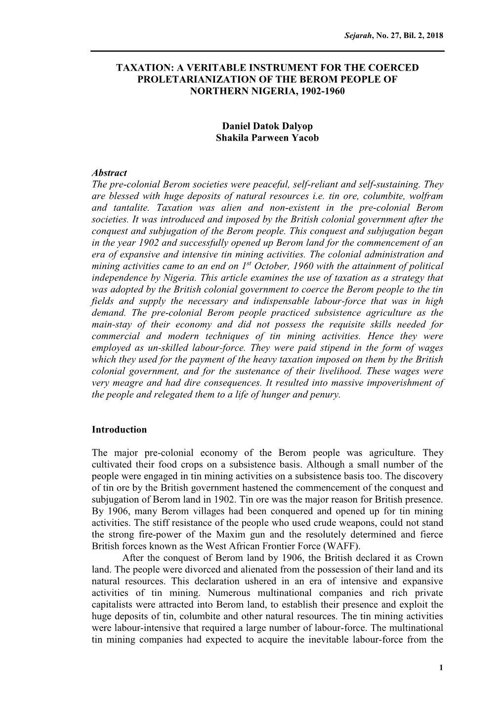 Taxation: a Veritable Instrument for the Coerced Proletarianization of the Berom People of Northern Nigeria, 1902-1960