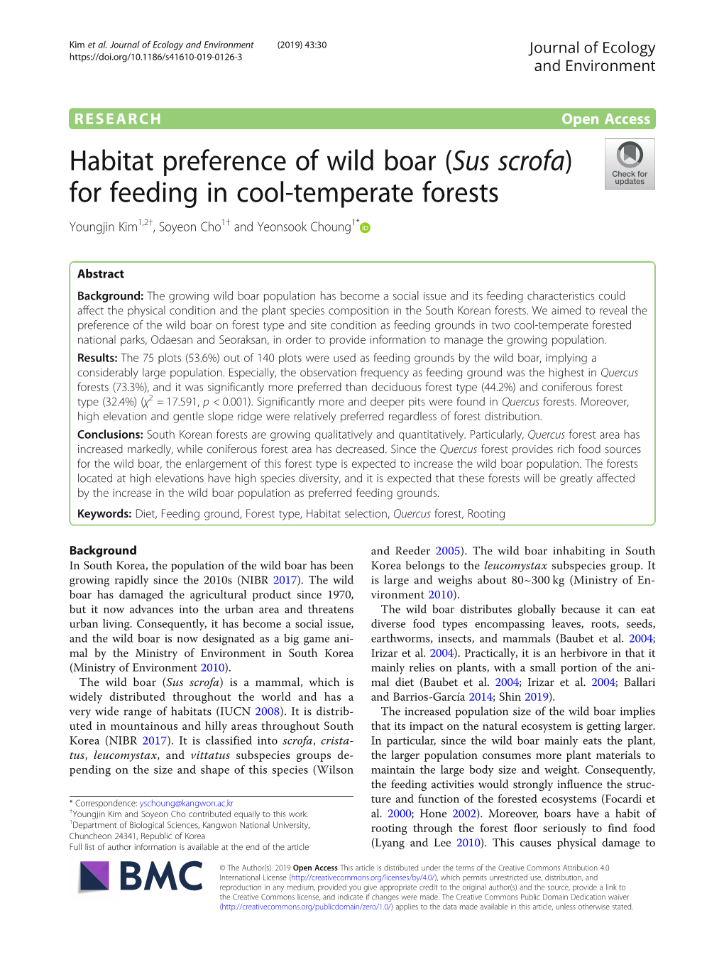 Habitat Preference of Wild Boar (Sus Scrofa) for Feeding in Cool-Temperate Forests Youngjin Kim1,2†, Soyeon Cho1† and Yeonsook Choung1*