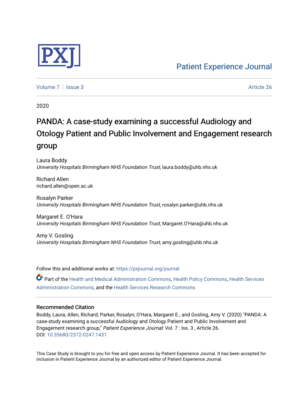 PANDA: a Case-Study Examining a Successful Audiology and Otology Patient and Public Involvement and Engagement Research Group