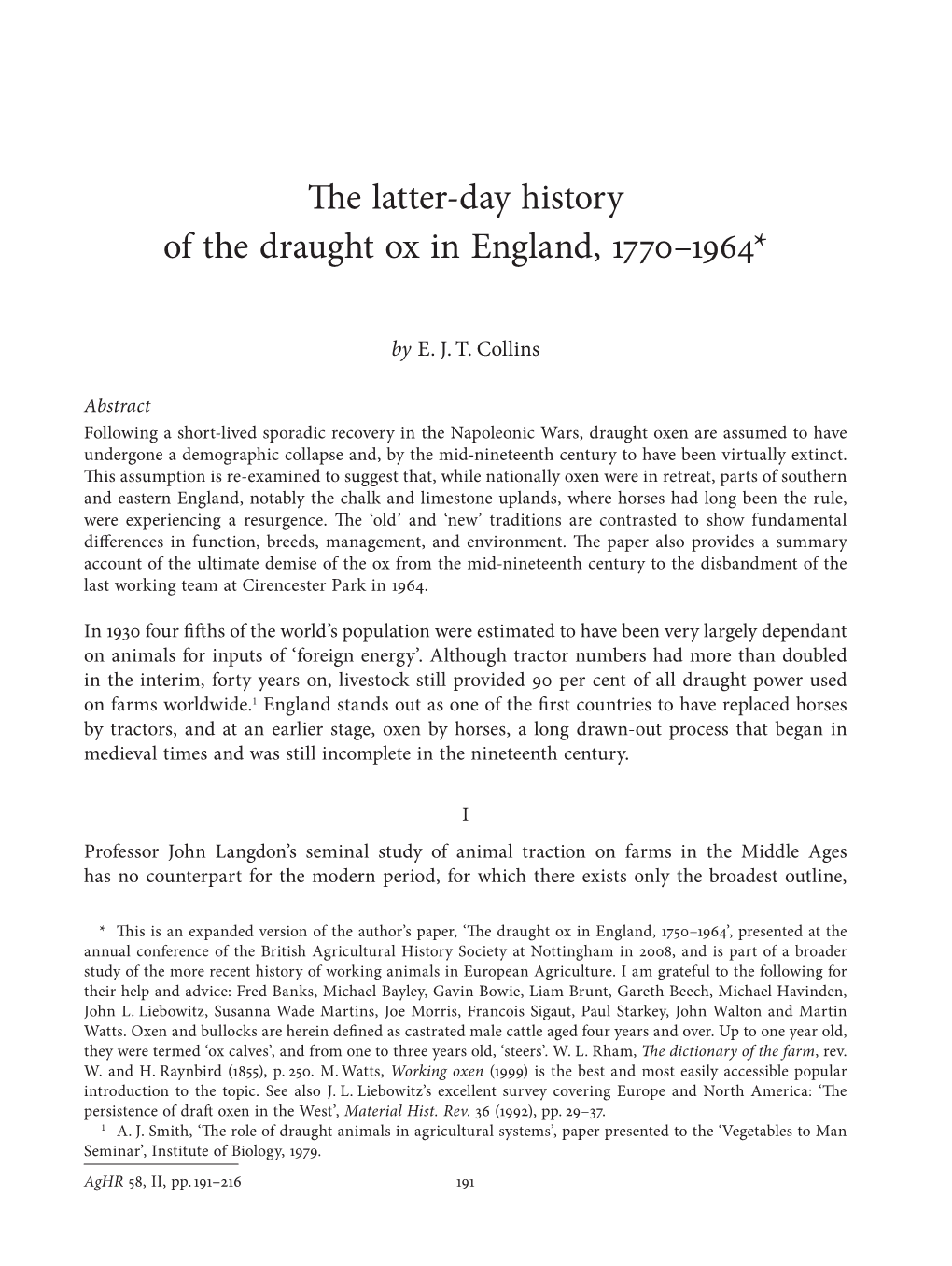 The Latter-Day History of the Draught Ox in England, 1770–1964*