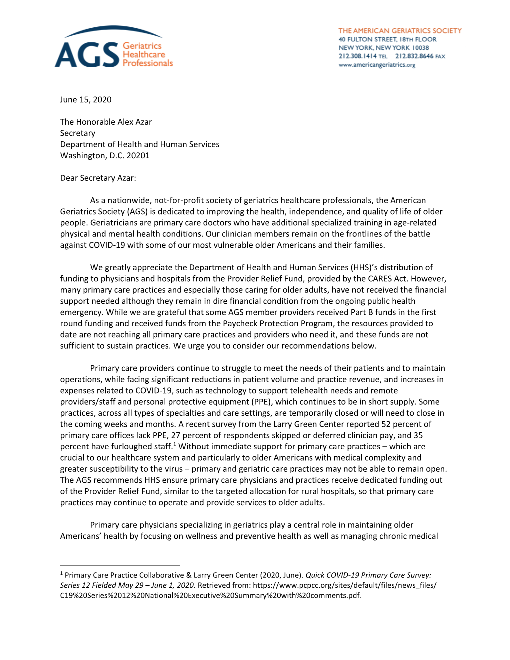 Letter to Health and Human Services Secretary Alex Azar on Funding To