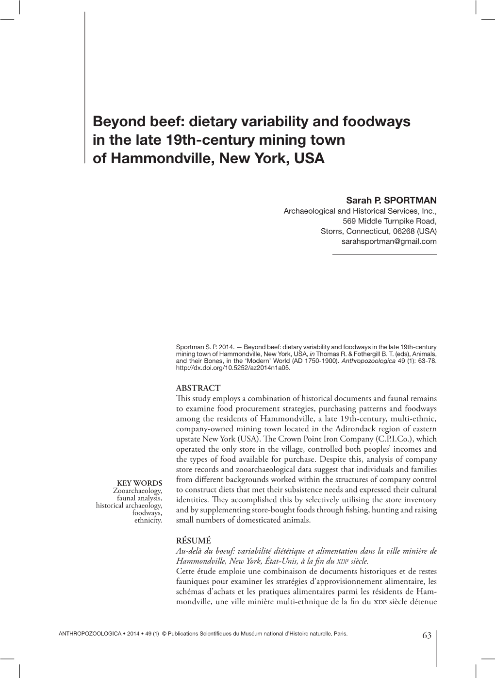 Beyond Beef: Dietary Variability and Foodways in the Late 19Th-Century Mining Town of Hammondville, New York, USA