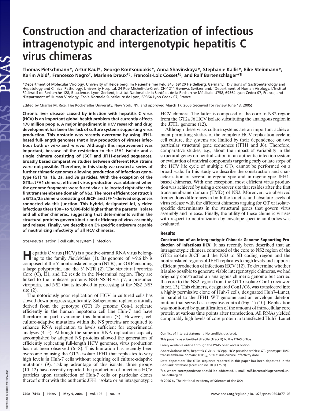 Construction and Characterization of Infectious Intragenotypic and Intergenotypic Hepatitis C Virus Chimeras