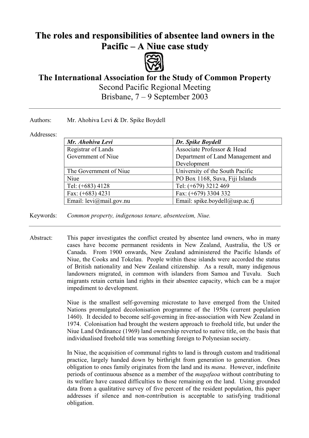 The Roles and Responsibilities of Absentee Land Owners in the Pacific – a Niue Case Study