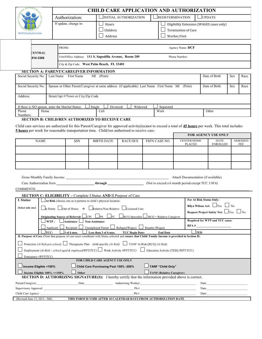 Child Care Application and Authorization