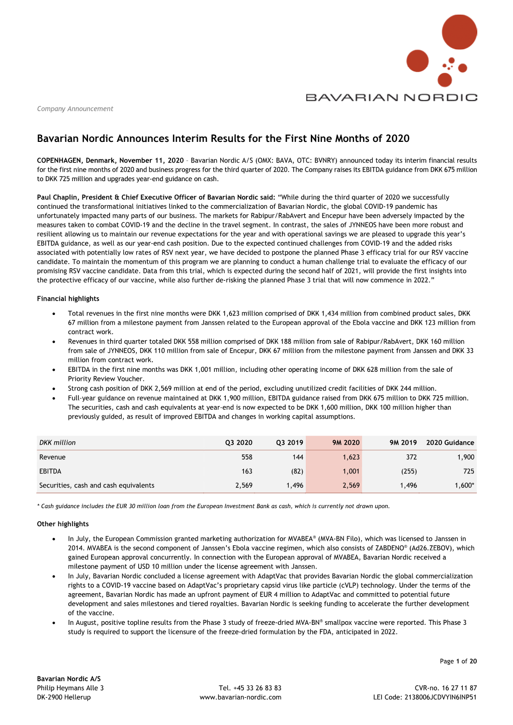 Bavarian Nordic Announces Interim Results for the First Nine Months of 2020