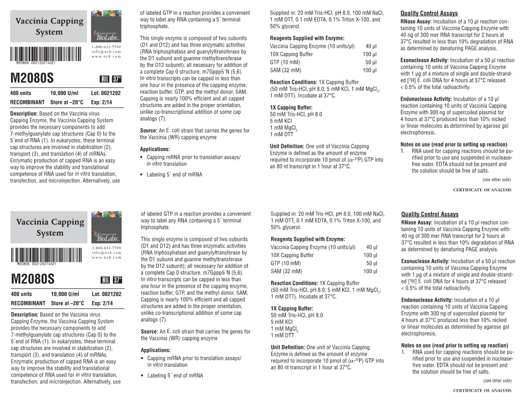 Datasheet for Vaccinia Capping System