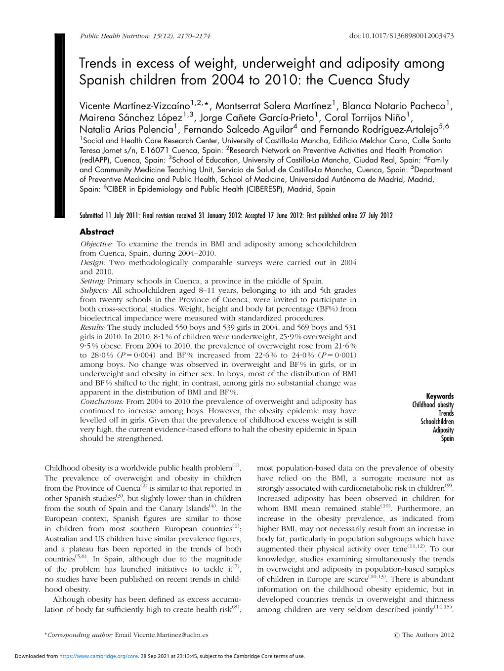 Trends in Excess of Weight, Underweight and Adiposity Among Spanish Children from 2004 to 2010: the Cuenca Study