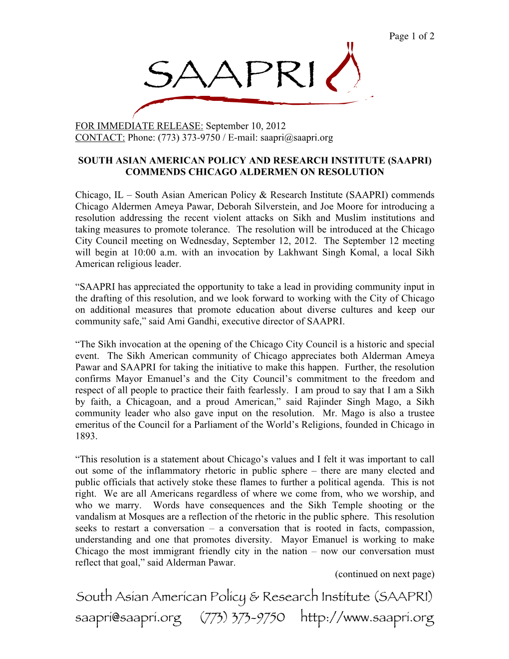 2012-09-10 SAAPRI Press Release Re Chicago Resolution FINAL