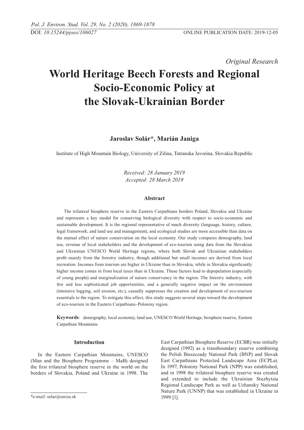 World Heritage Beech Forests and Regional Socio-Economic Policy at the Slovak-Ukrainian Border