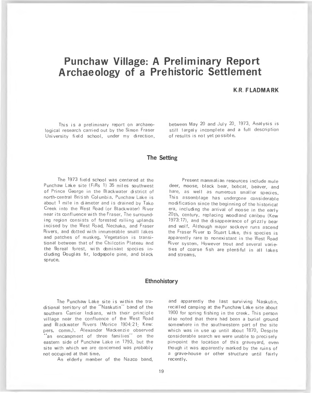 Punchaw Village: a Preliminary Report Archaeology of a Prehistoric Settlement