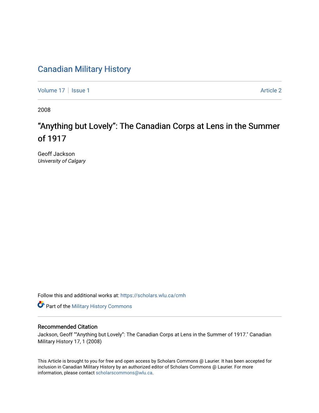 “Anything but Lovely”: the Canadian Corps at Lens in the Summer of 1917