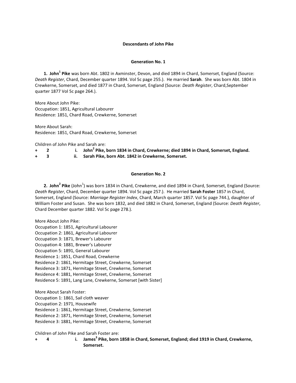 Descendants of John Pike Generation No. 1 1. John 1 Pike Was Born Abt