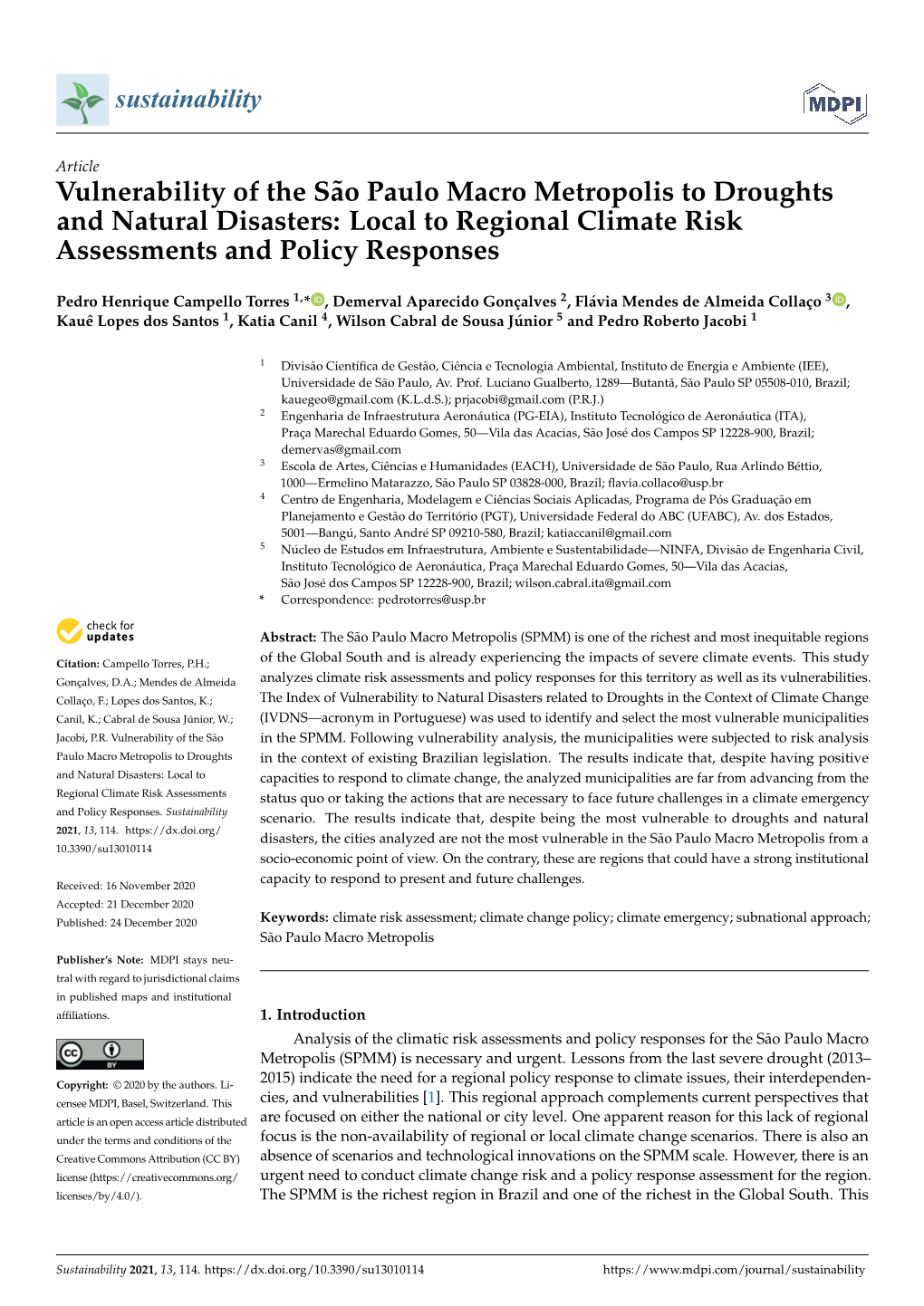 Vulnerability of the São Paulo Macro Metropolis to Droughts and Natural Disasters: Local to Regional Climate Risk Assessments and Policy Responses