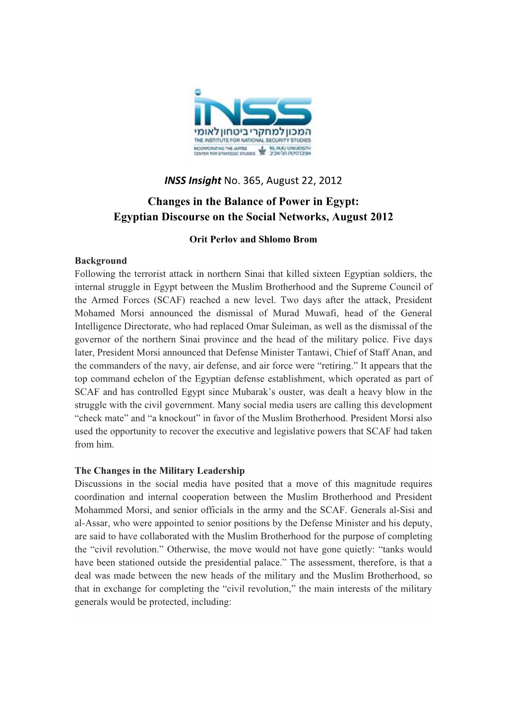 Changes in the Balance of Power in Egypt: Egyptian Discourse on the Social Networks, August 2012