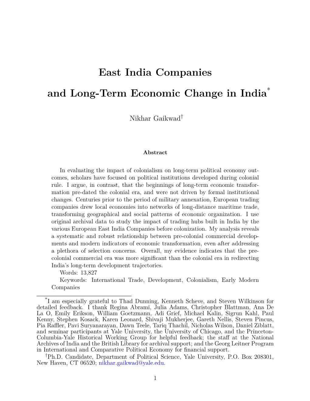 East India Companies and Long-Term Economic Change in India*