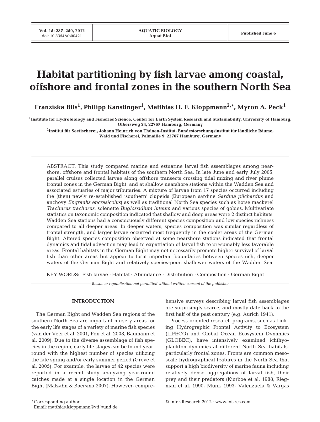 Habitat Partitioning by Fish Larvae Among Coastal, Offshore and Frontal Zones in the Southern North Sea