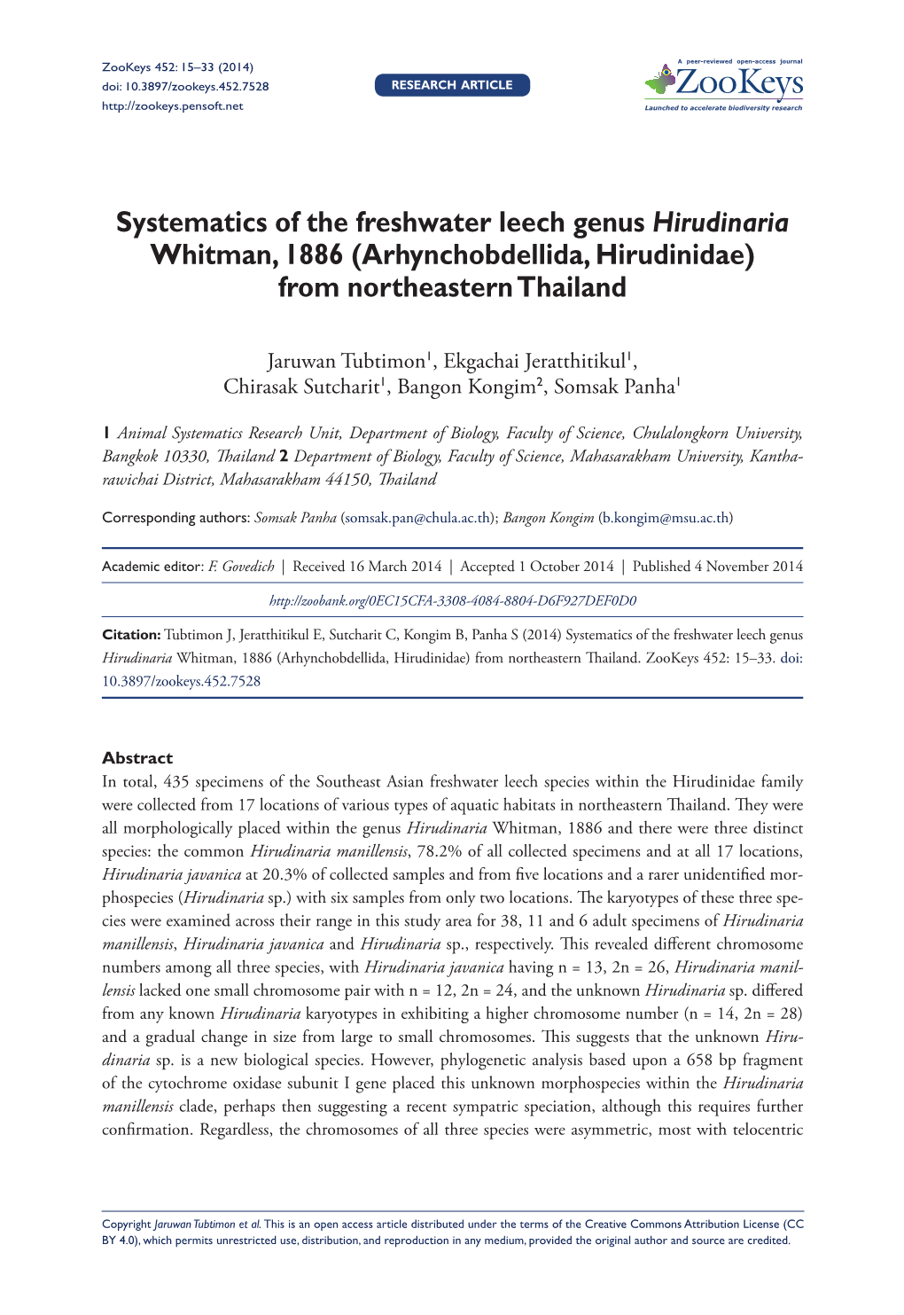 Systematics of the Freshwater Leech Genus ﻿﻿Hirudinaria﻿﻿ Whitman, 1886