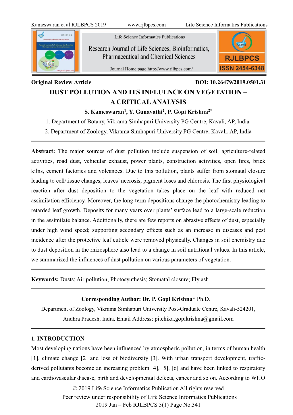 Dust Pollution and Its Influence on Vegetation – a Critical Analysis S