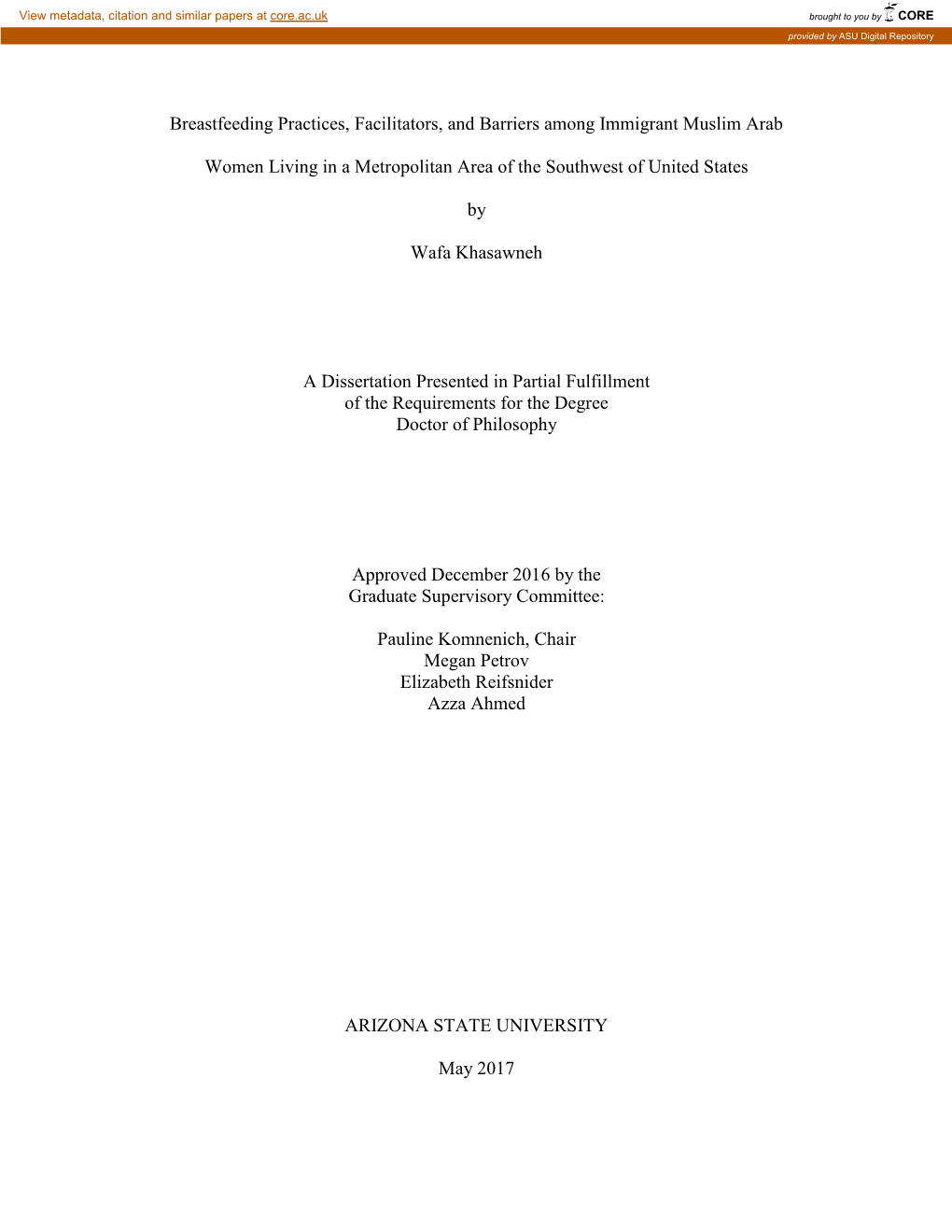 Breastfeeding Practices, Facilitators, and Barriers Among Immigrant Muslim Arab Women Living in a Metropolitan Area of the South