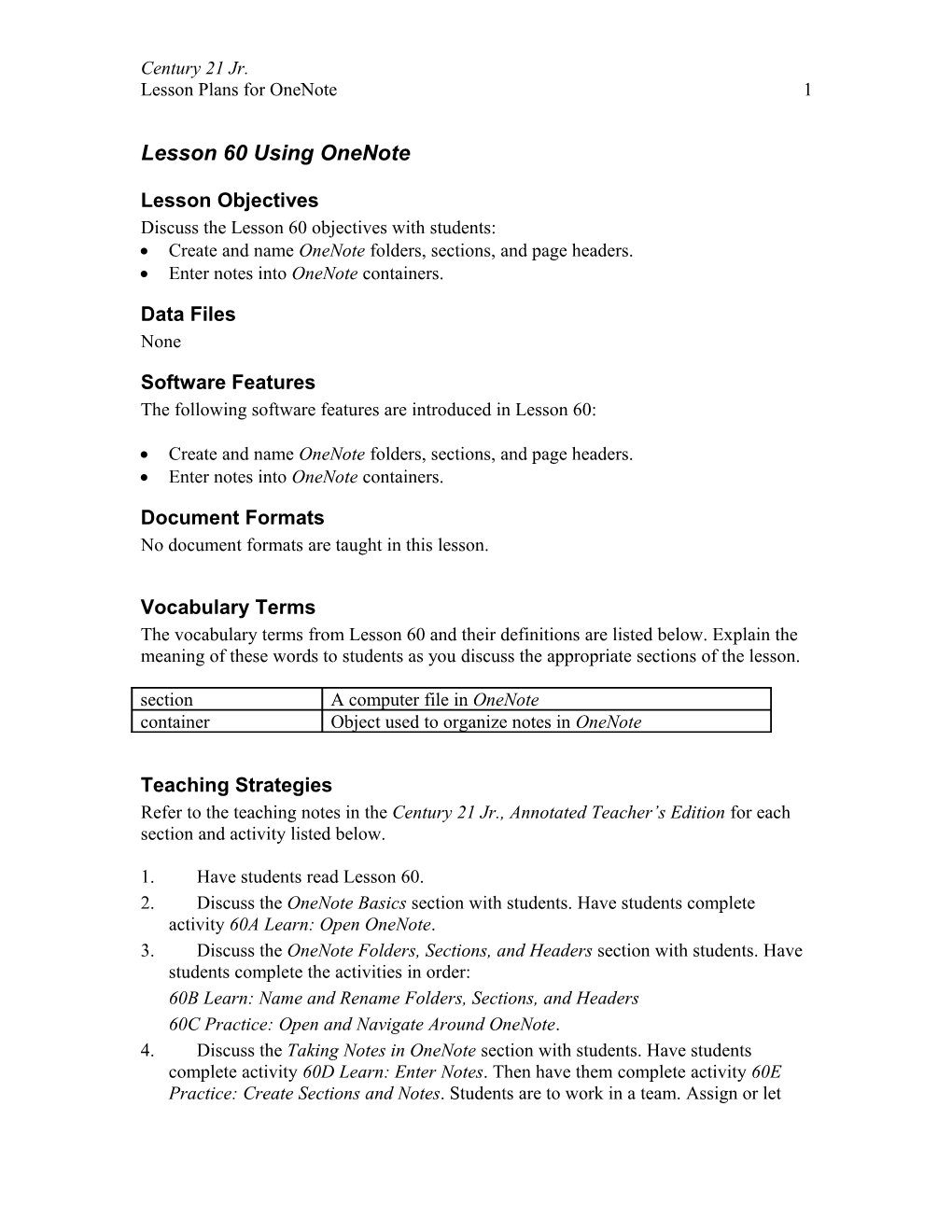 Lesson Plans for Onenote 5