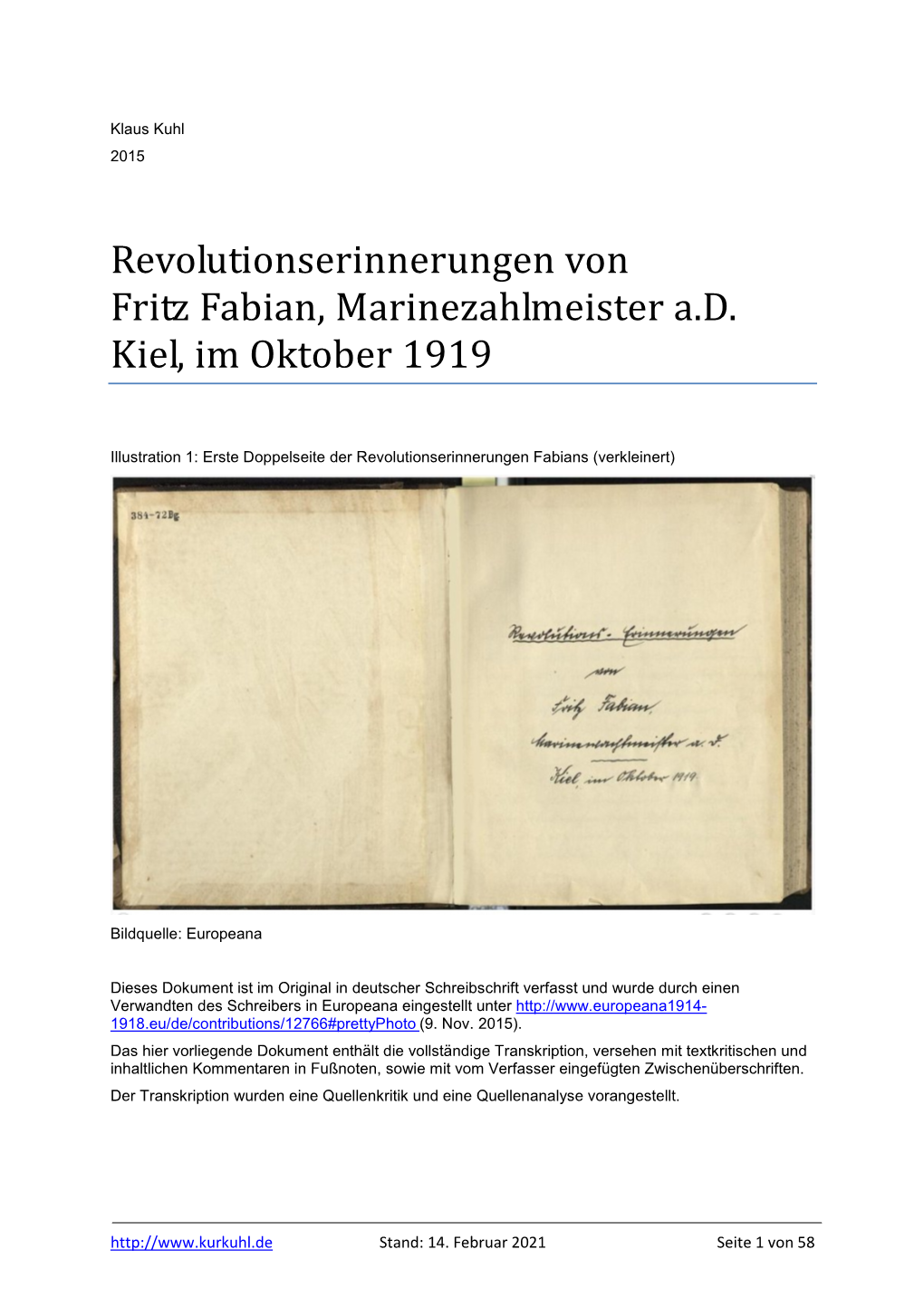 Revolutionserinnerungen Von Fritz Fabian, Marinezahlmeister A.D. Kiel, Im Oktober 1919