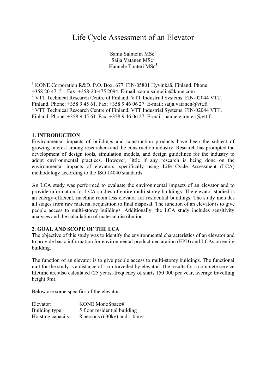 Life Cycle Assessment of an Elevator